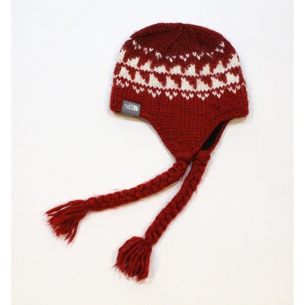 The North Face Unisex Beanie Winter Wool Blend Hat W/ Ear Flaps Red/White